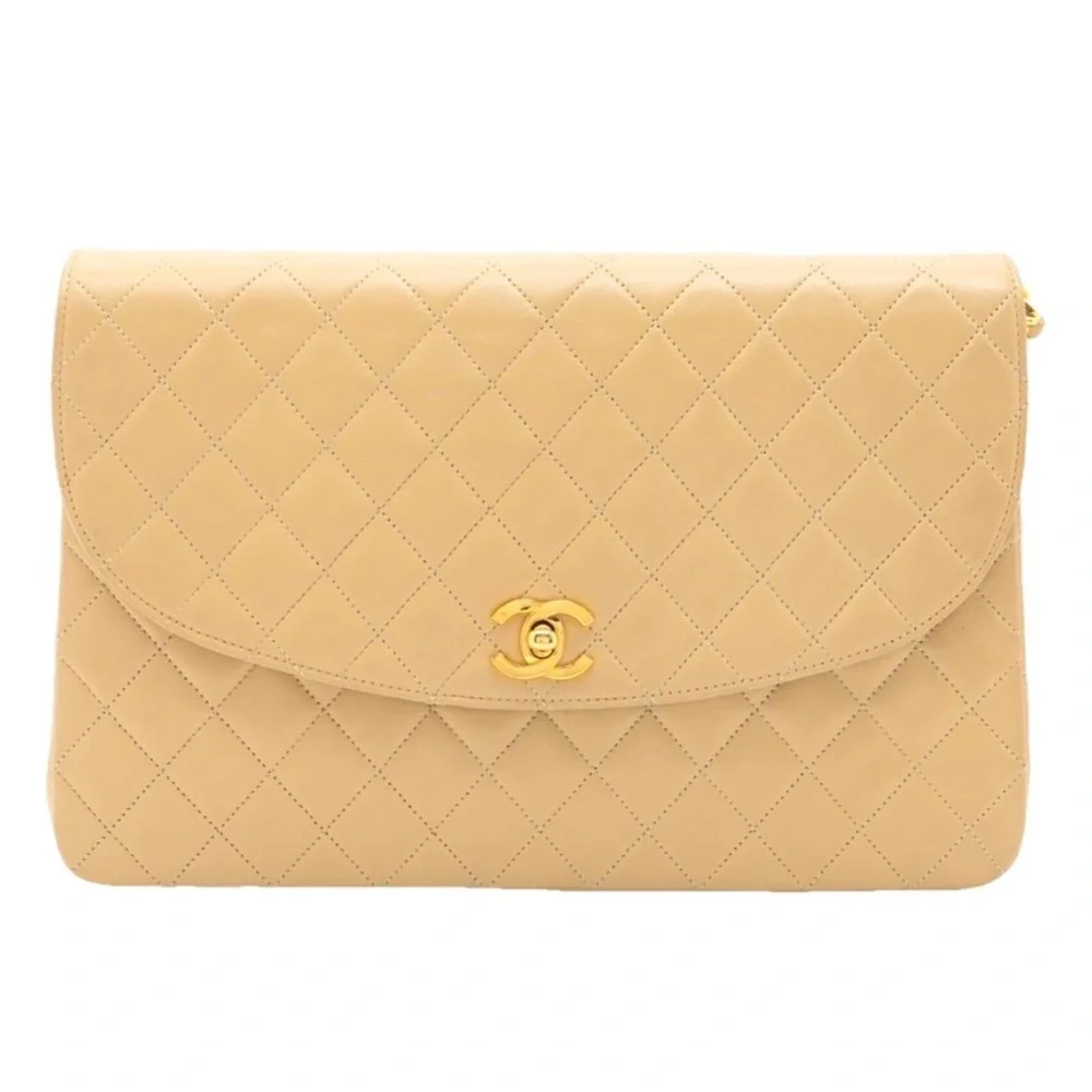 Auth CHANEL Beige Single Flap Shoulder Chain Bag 24k Gold CC Quilted Lambskin - Picture 8 of 11
